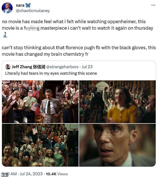 Изменено: @chaoticmulaney написал в Твиттере: «Ни один фильм не заставил меня почувствовать то, что я чувствовал, когда смотрел Оппенгеймера, этот фильм — чертовски шедевр, я не могу дождаться, чтобы посмотреть его снова в четверг».  Не могу перестать думать о той франшизе Флоренс Пью в черных перчатках, этот фильм изменил химию моего мозга.