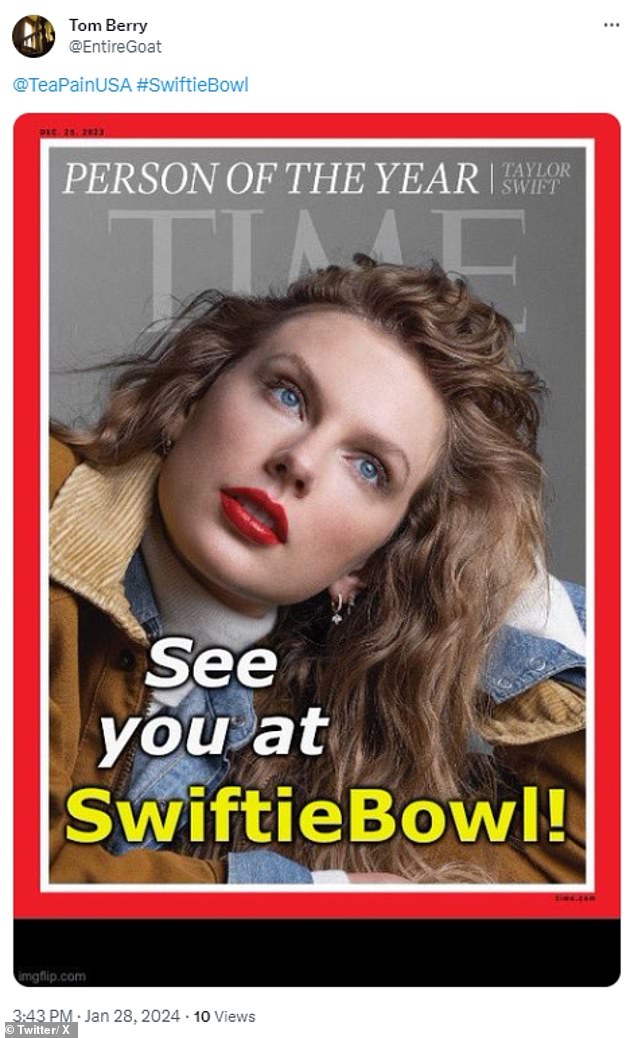 Пользователь X @EntireGoat поделился обложкой журнала Swift по версии Time «Человек года», но добавил внизу текст: «Увидимся на SwiftieBowl!»