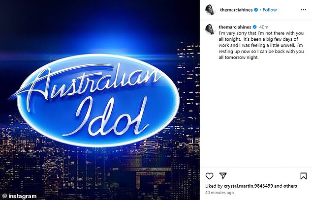 Хайнс поделилась заявлением на своей странице в Instagram в воскресенье вечером.  «Мне очень жаль, что меня не будет с вами сегодня вечером.  Это были тяжелые несколько дней работы, и я чувствовал себя немного нехорошо.  Сейчас я отдыхаю, чтобы быть с тобой завтра вечером