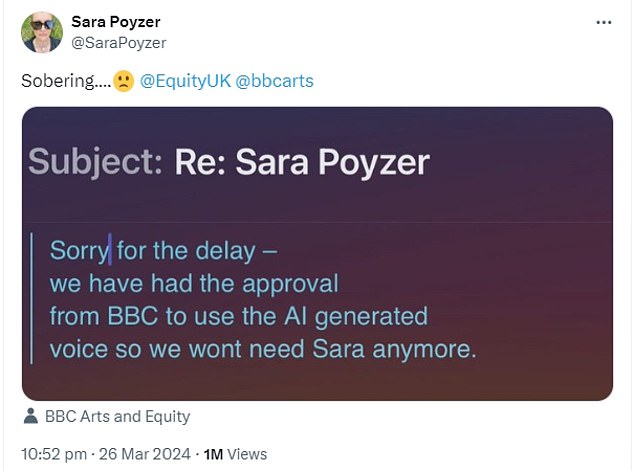 Вчера она получила электронное письмо от корпорации, в котором говорилось, что она больше не нужна для этой роли.