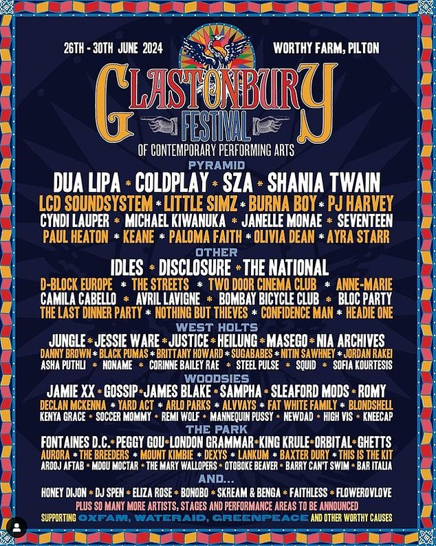 В четверг стало известно, что Дуа Липа, Coldplay и SZA возглавят знаковое событие, которое пройдет на Worthy Farm в Сомерсете, а Шанайа Твен будет играть в легендарный слот.