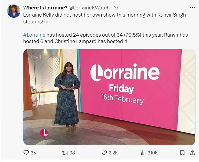 Аккаунт под названием «Где Лорейн?» с ником @LorraineKWatch сообщает подписчикам, вела ли шотландская звезда шоу в тот день.