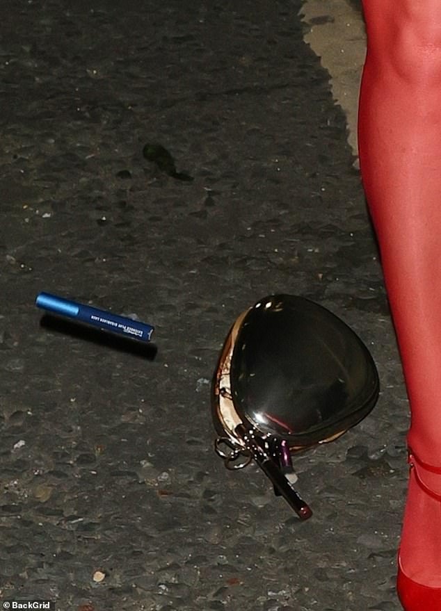 Его содержимое, включая ее макияж, выпало и было разбросано по улице.