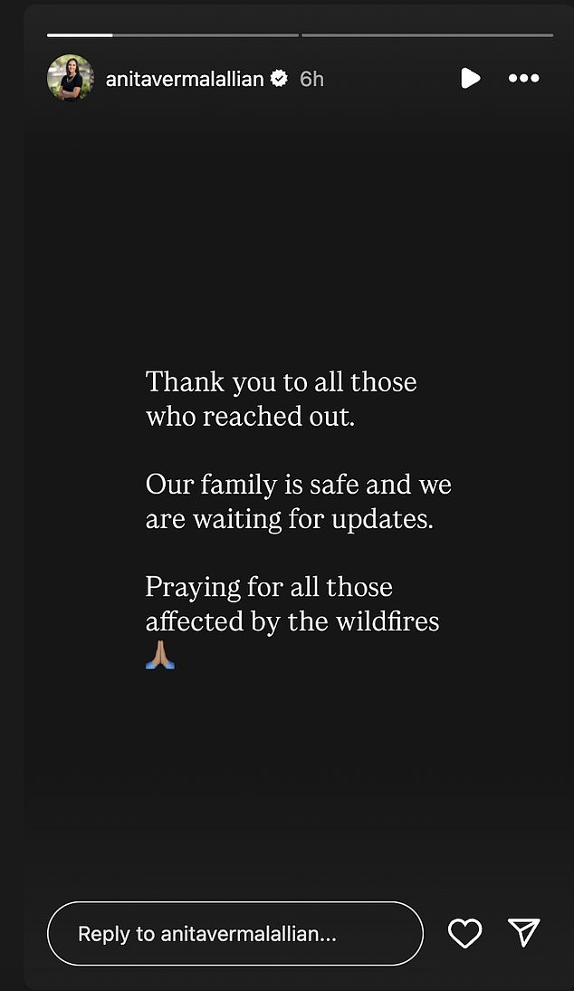 Ранее на этой неделе Верма-Лаллиан подтвердила в Instagram Story, что она и ее семья «в безопасности», но не предоставила никакой информации о состоянии имущества.
