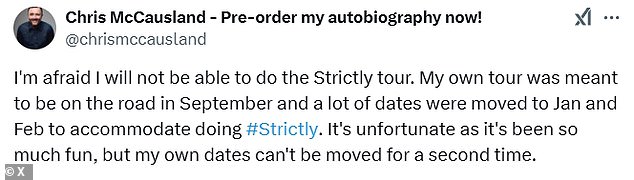 Он объяснил на X: «Боюсь, я не смогу поехать в тур Strictly. Мой собственный тур должен был состояться в сентябре, и многие концерты были перенесены на январь и февраль, чтобы успеть выступить #Strictly.