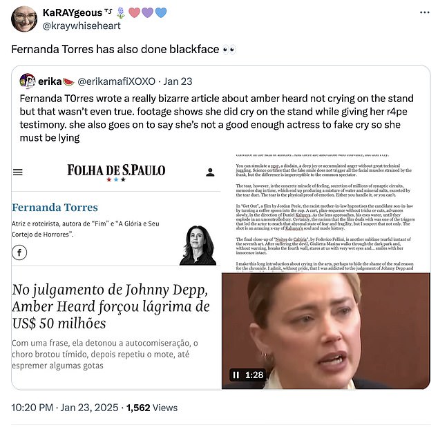 Несколько плакатов жаловались на производительность Torres 'Blackface и сравнили его с редакционной статьей, которая критиковала Эмбер Херд, на фоне ее юридической борьбы с бывшим мужем Джонни Депп