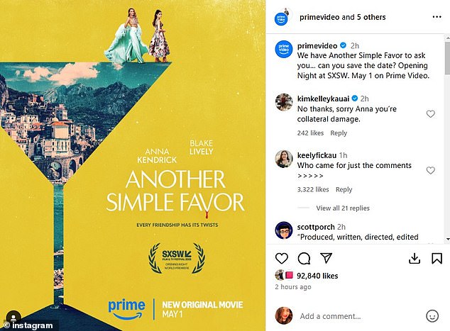 Во вторник Prime Video выпустил рекламный постер комедийного триллера, в котором 37-летняя Лайвли снимается вместе с 38-летней Анной Кендрик в продолжении их фильма 2018 года 